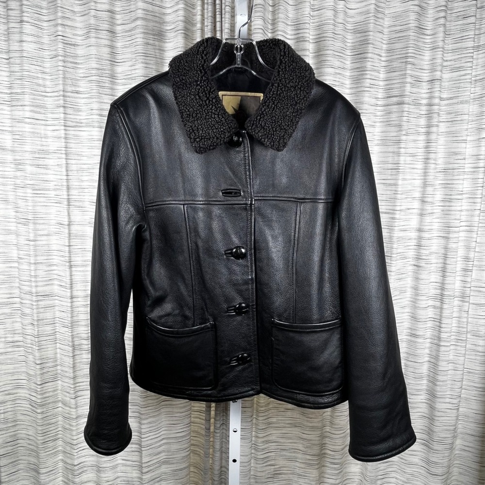 Middlebrook Park Mens Black Leather‎ Jacket Sherpa Collar Quilted Lining Size M